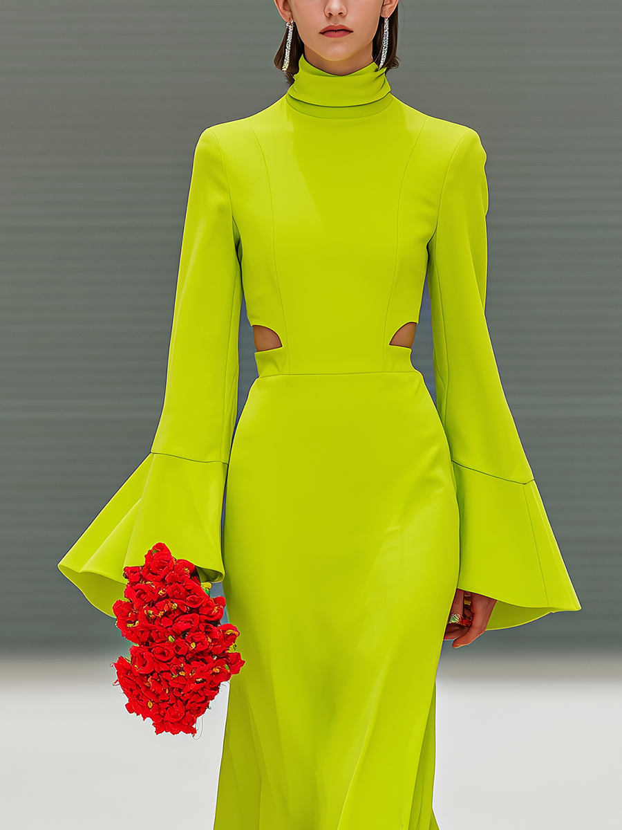 Women's Light Green Cotton Blend High-neck, Openwork, Flared-sleeve  Maxi Dress MDA1950L2T