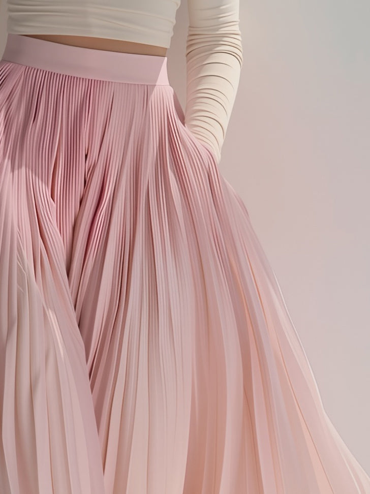 Women's Elegant And Romantic White Stretch Turtleneck Long-sleeved Cropped Top Paired With A Long Pink Pleated Skirt MDA0773K5AN