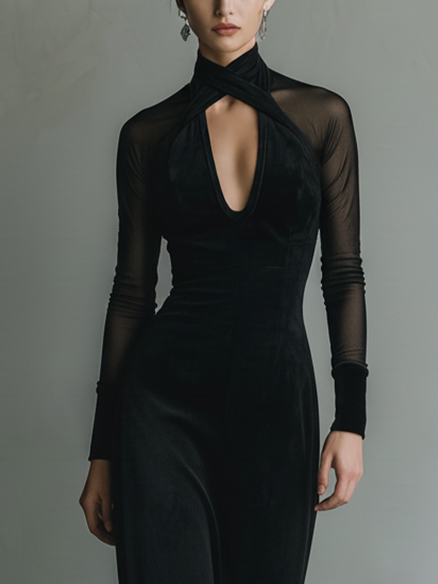 Women's Black Velvet Fabric Sheer-Sleeve Cross-Halter Cutout Maxi Dress MDA2262L6T