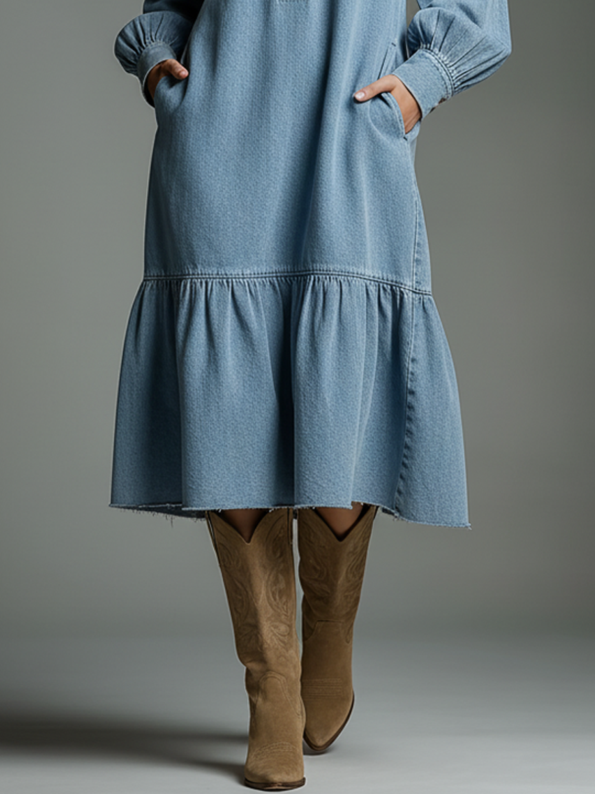 Women's Loose-fitting Washed Denim Button-down V-neck Long-sleeved Midi Dress MDA1430K6Y