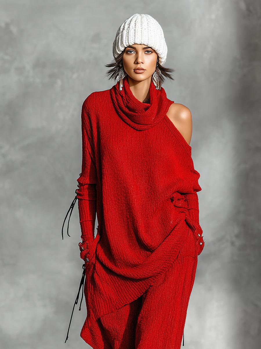 Women's Red Edgy Knit Asymmetric Off - Shoulder Tunic And Wide - Leg Pants Set MDA1953I3I