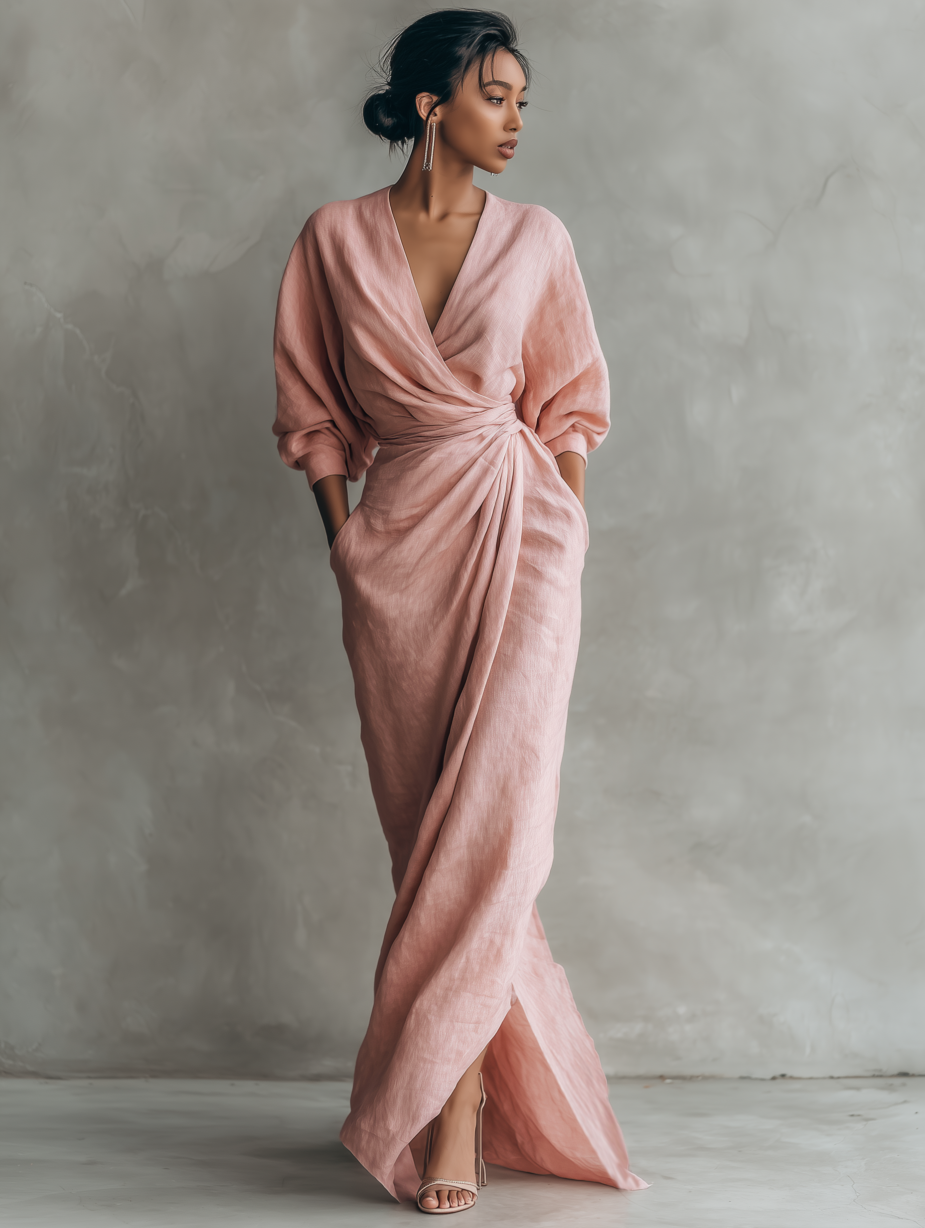 Women's  Pink Minimalist V-neck Linen Blend Maxi Dress MDA1655L0Y