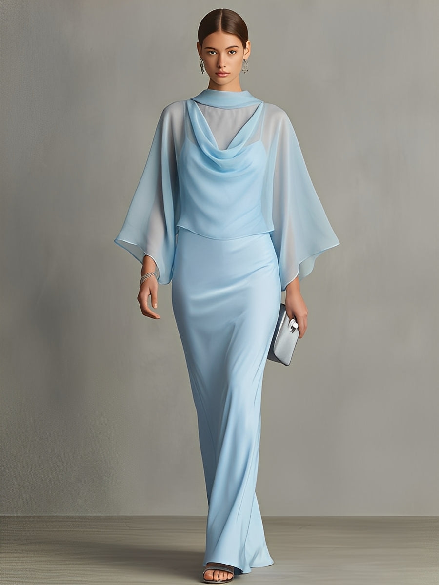 Women's Light Blue Chiffon & Satin Elegant Set With Capelet Overlayer & Cowl Neck Dress Set MDA3051K4I