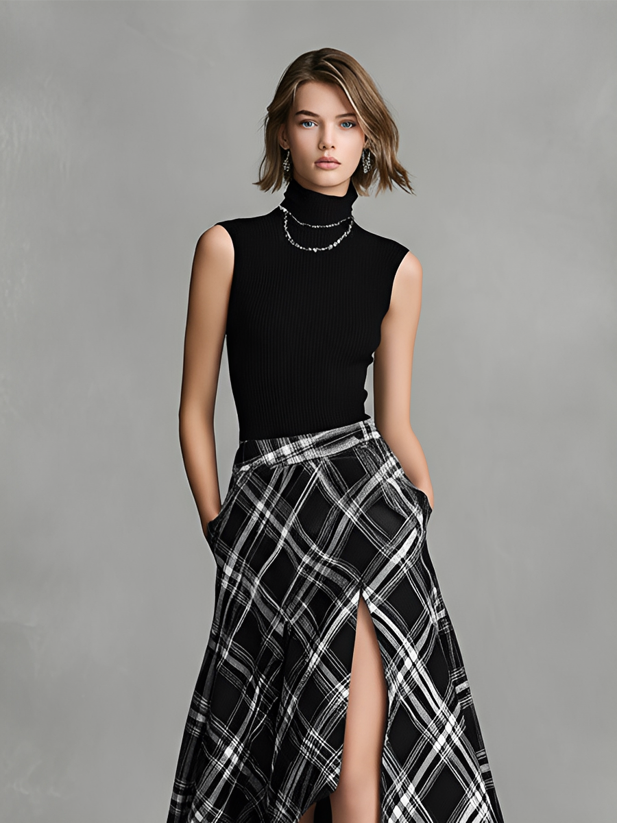 Women's Black & White Plaid Dress With Sleeveless Turtleneck & Asymmetric Maxi Skirt, Timeless Office-Elegant Style Dress MDZ0331C4I