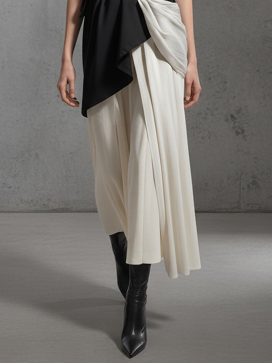 Women's Modern Woven Black &  Apricot  Color-Block Cowl-Neck Ruched Midi Dress Set MDA1588L8AU