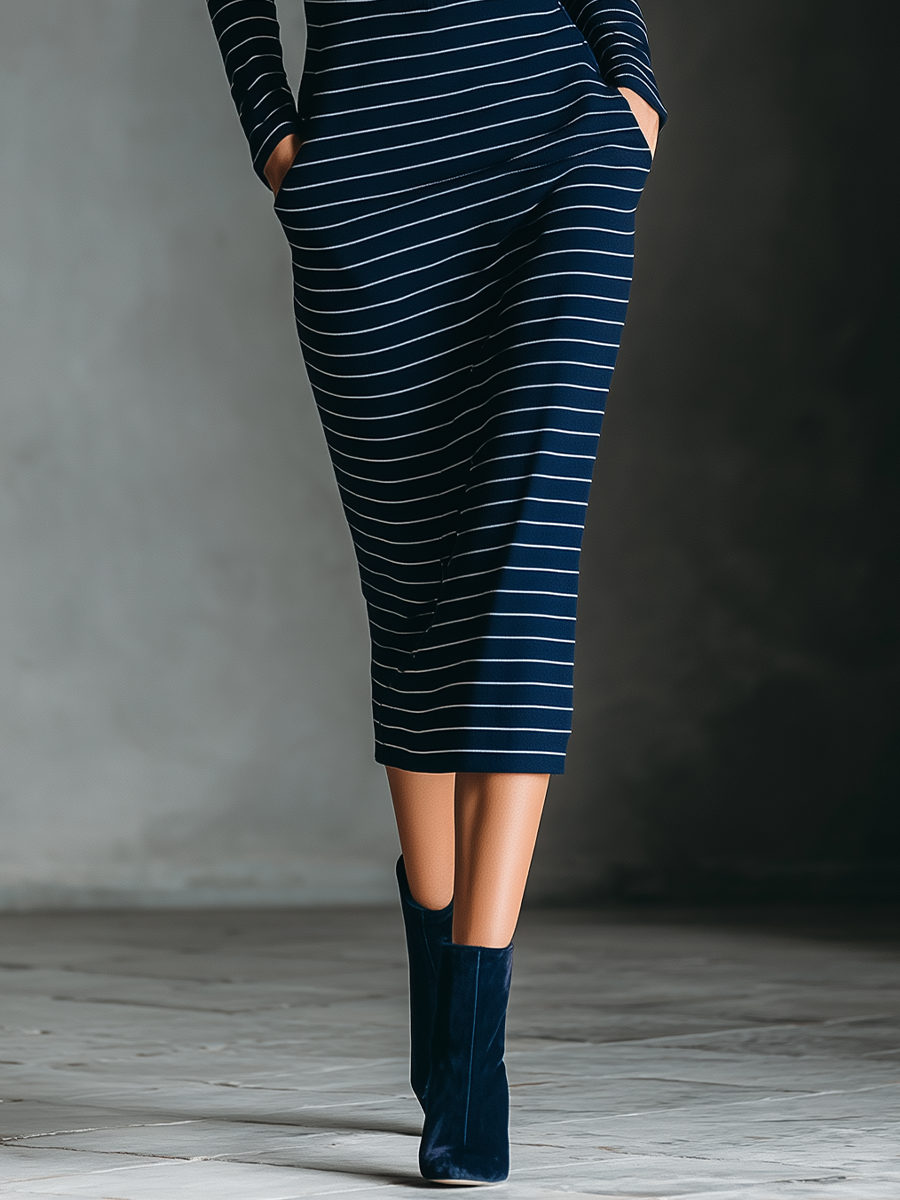 Women Navy Blue Knit Stripe High Neck Midi Dress MDA1832L4T