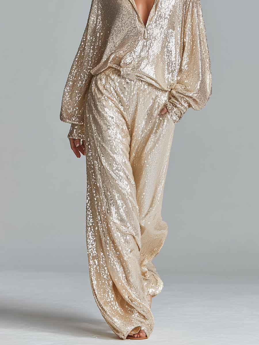 Women's Gold Glamorous Sequin Collared Half - Zip Wide - Leg Loungewear Party Set MDA2425I0I