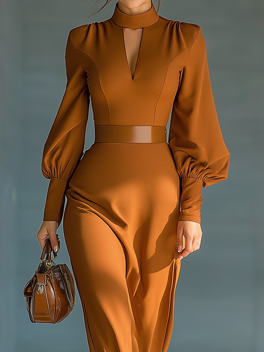 Women's Brown Stretch Blend Minimalist Fit Maxi Dress MDA0606H2T