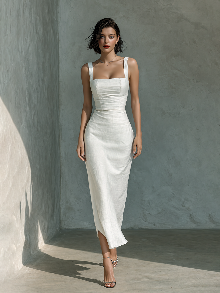 Women's Simple White Cotton And Linen Blend Sleeveless Midi Dress MDZ1204A3BA