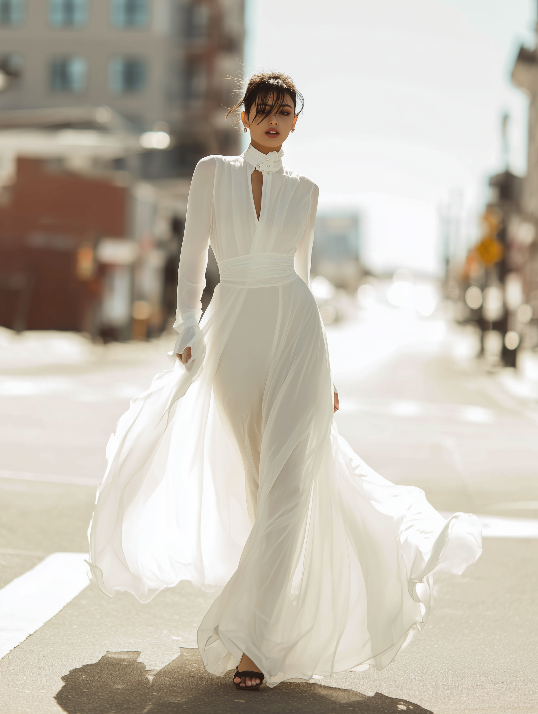 Women's Ivory Chiffon Dress With High Neck Cutout & Belted Waist, Timeless Elegant Style Dress MDA1149L3I