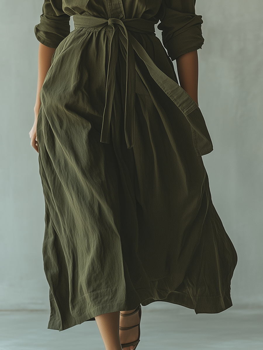Women's Olive Green Cotton Linen Shirt Maxi Dress MDA2379G6T
