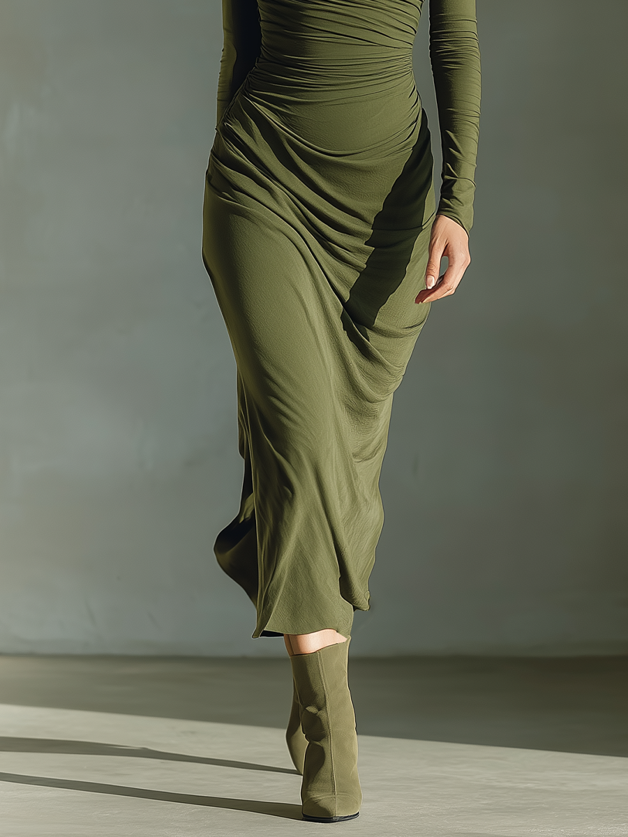 Women's Olive Green High-elastic Knit Pleated Slim-fit Dress MDA0174L3T
