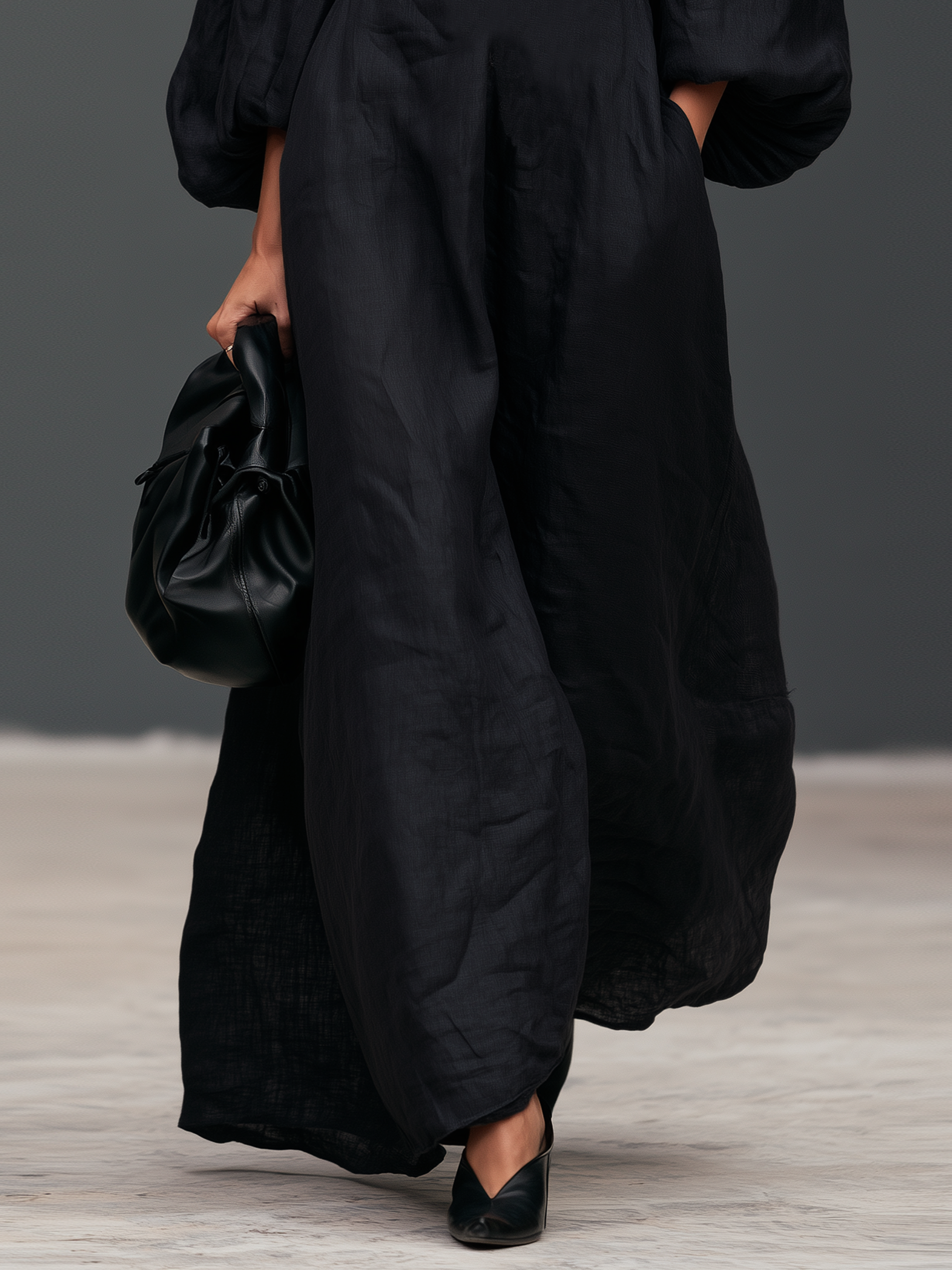 Women's Vintage Linen-Blend Embroidered Lantern-Sleeve Maxi Dress With Mock Neck MDZ1998H7WY