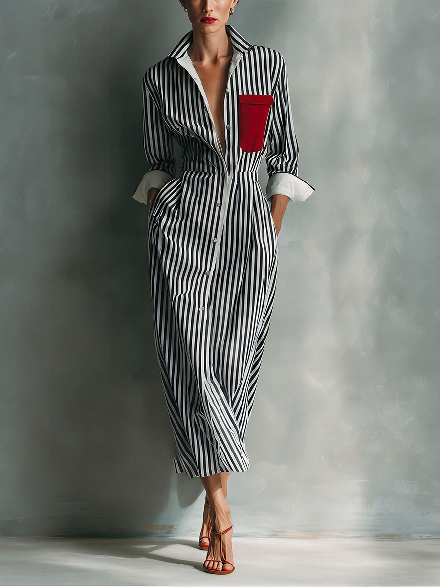 black and white striped shirt dress Women's Blue And White Cotton Blend Striped Shirt Dress With Red Chest – Modesees