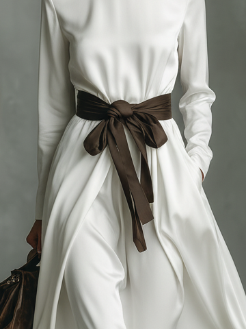 Women's Fashionable White Satin Turtleneck Long-sleeved Midi Dress With Belt MDA1977L7AN