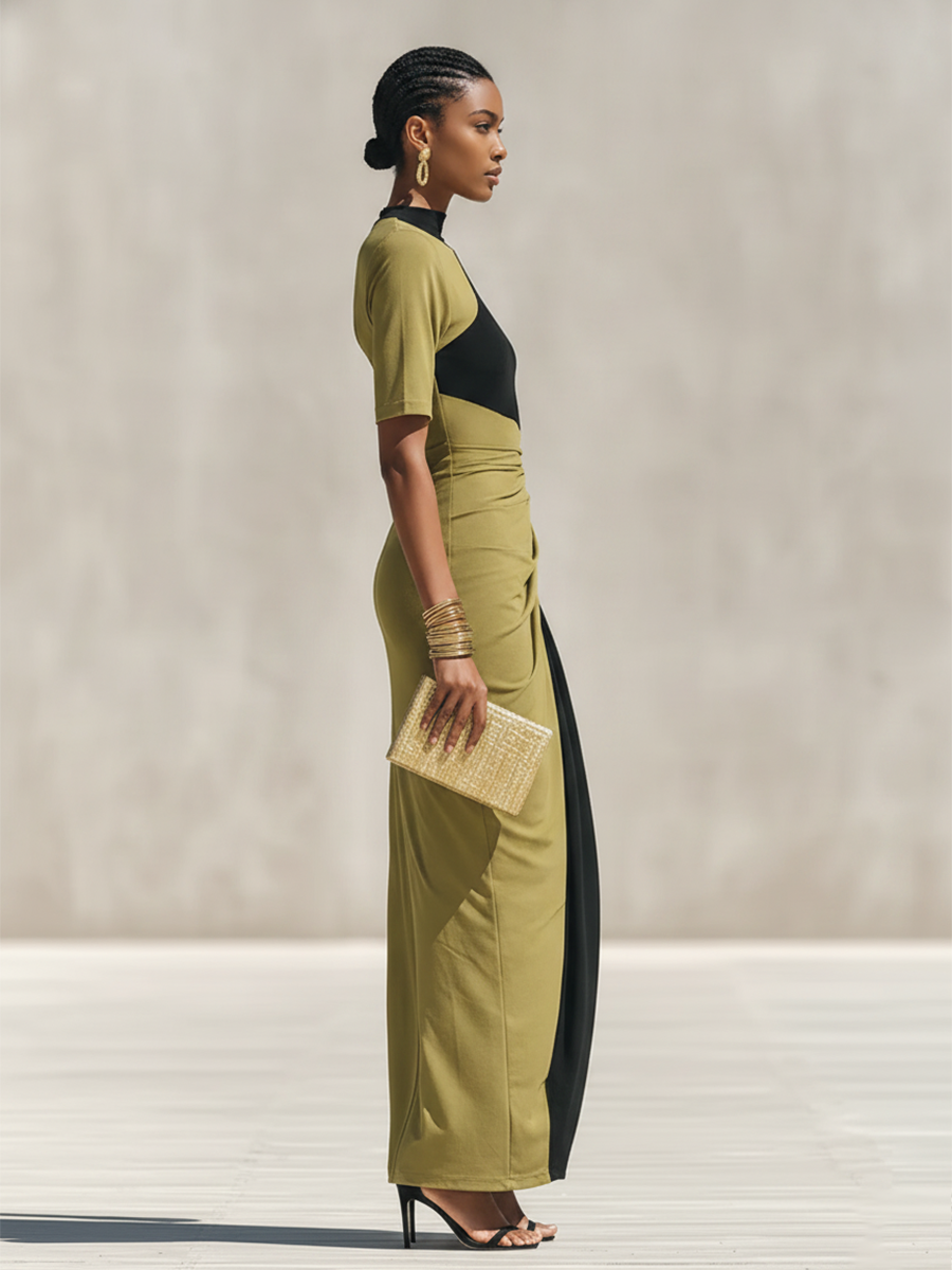 Women's Black & Olive Green Color-Block Jersey Maxi Dress With High Neck & Waist Ruched Detail, Elegant Bodycon Evening Dress MDZ0948F9LYL