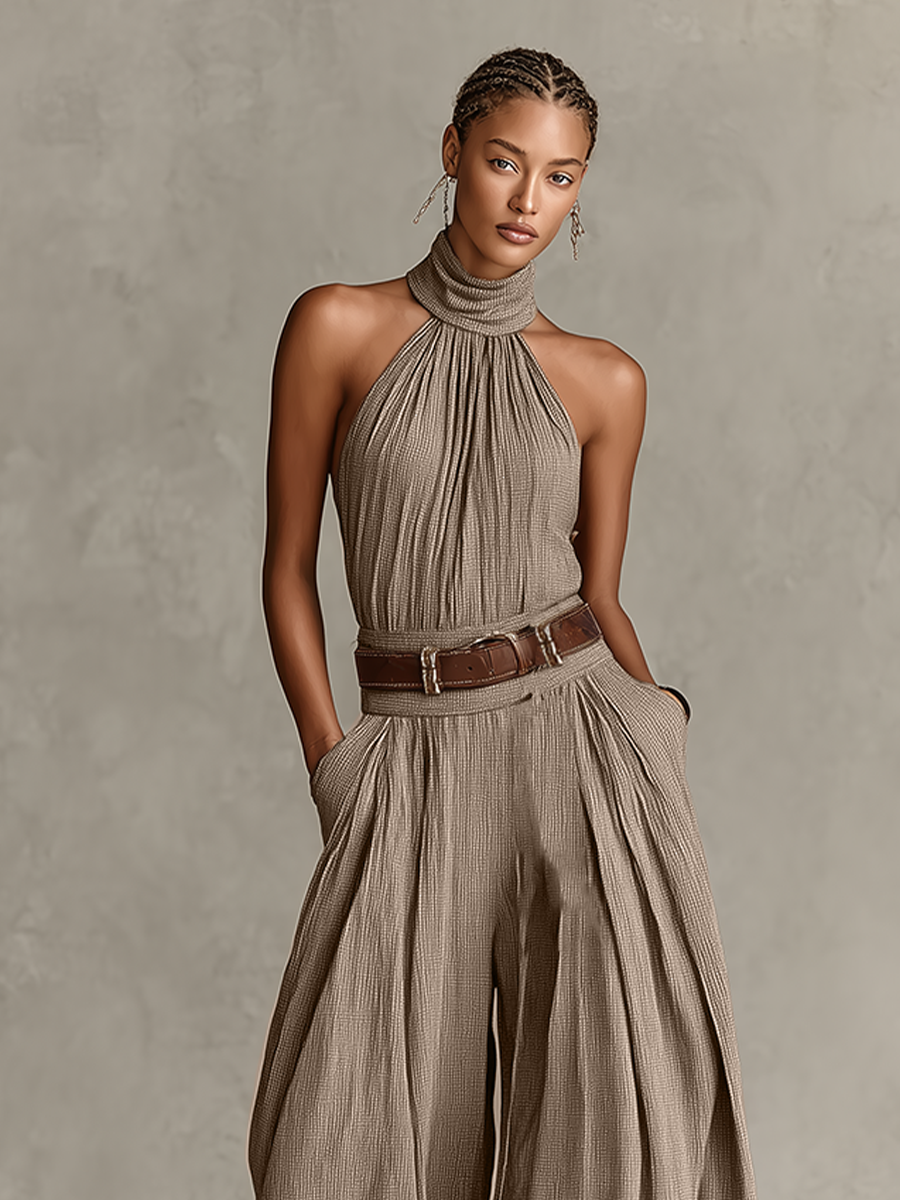 Women's Taupe Cotton-Blend Jumpsuit With Halter Neck & Wide-Leg Silhouette, Timeless Boho-Elegant Style Jumpsuit (Without Belt) MDZ0940C3I