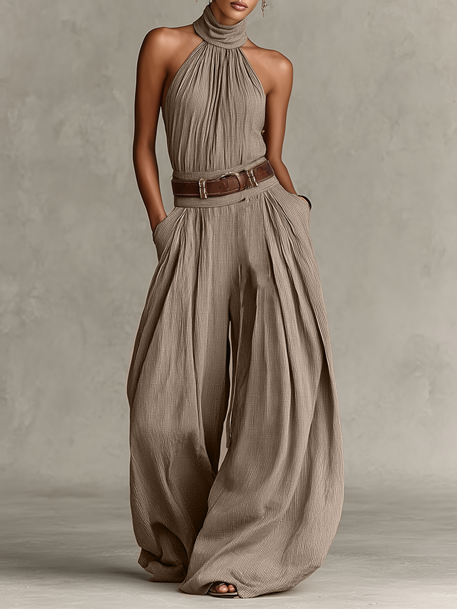Women's Taupe Cotton-Blend Jumpsuit With Halter Neck & Wide-Leg Silhouette, Timeless Boho-Elegant Style Jumpsuit (Without Belt) MDZ0940C3I