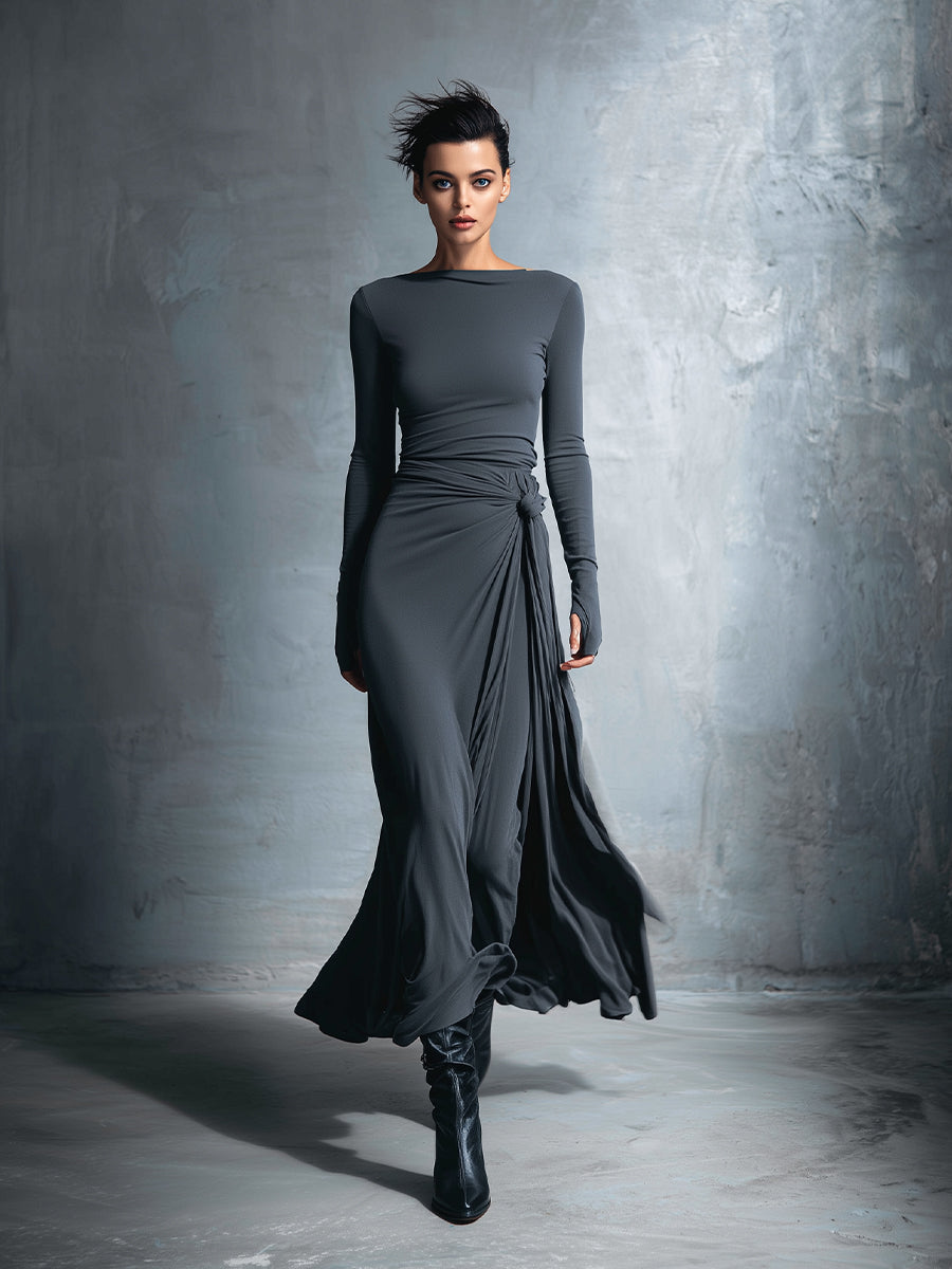 Women's Gray Exquisite Stretch Blended Fabric Wrap Dress - Knotted Max Modesees Women's Gray Exquisite Stretch Blended Fabric Wrap Dress - Knotted Max Modesees
