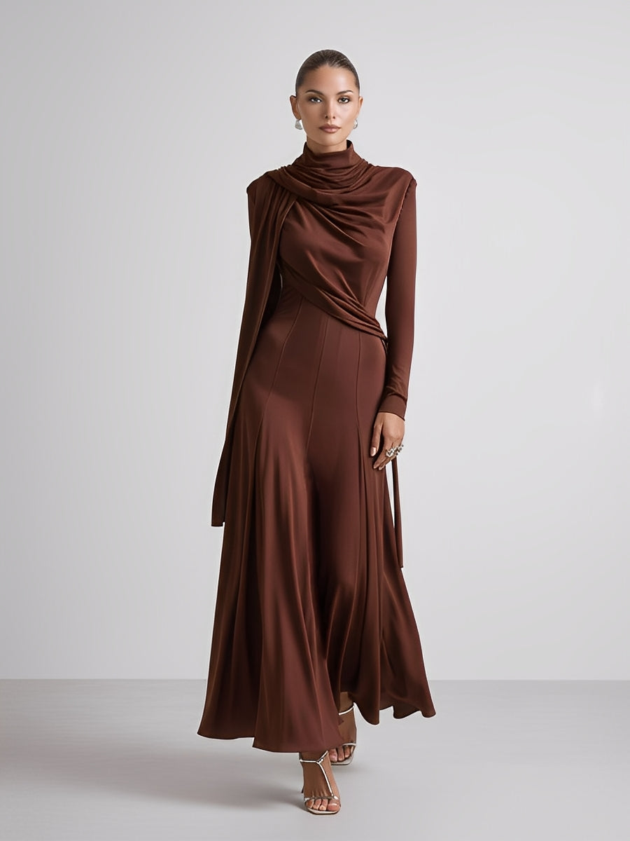 Women's Brown Modern Stretch Polyester-Cotton Blend Turtleneck Maxi Dress With Draped Scarf Details MDA1748J6I