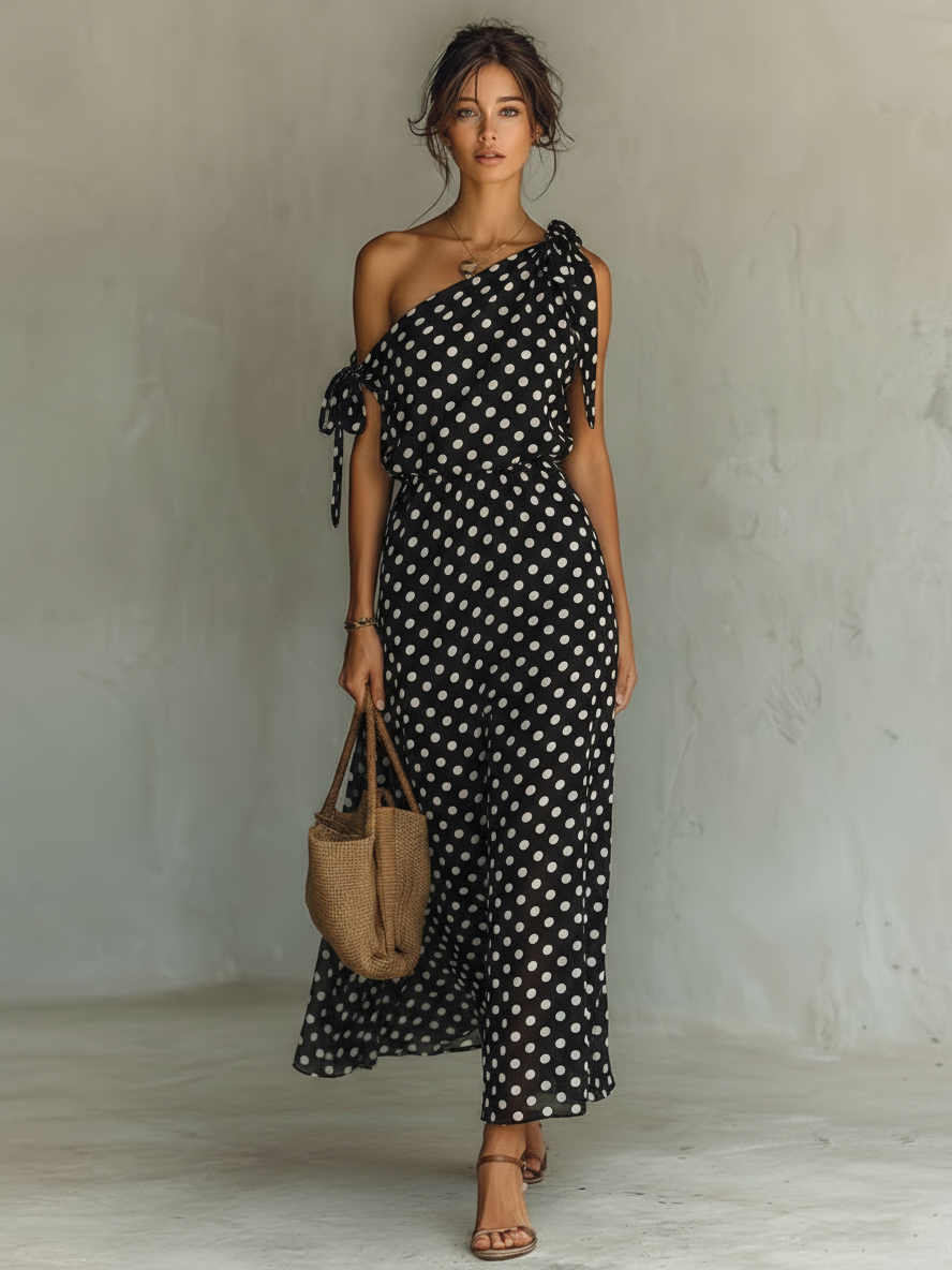 Women's Minimalist Tie-up Off-shoulder Polka Dot Print Chiffon Maxi Dress MDZ2638B0Y