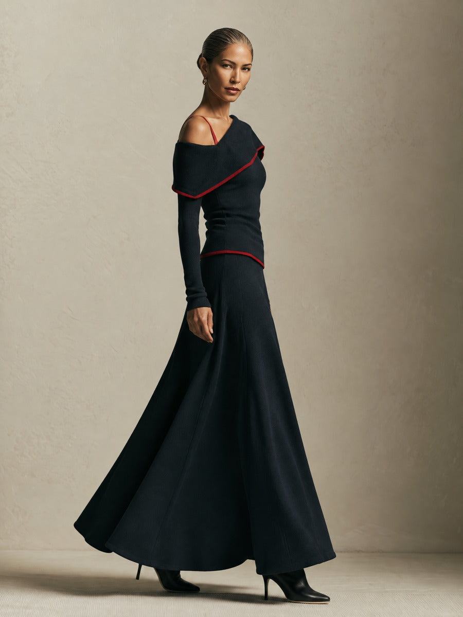 Women's Black Asymmetric Shoulder Knit Top & A-Line Maxi Skirt Set