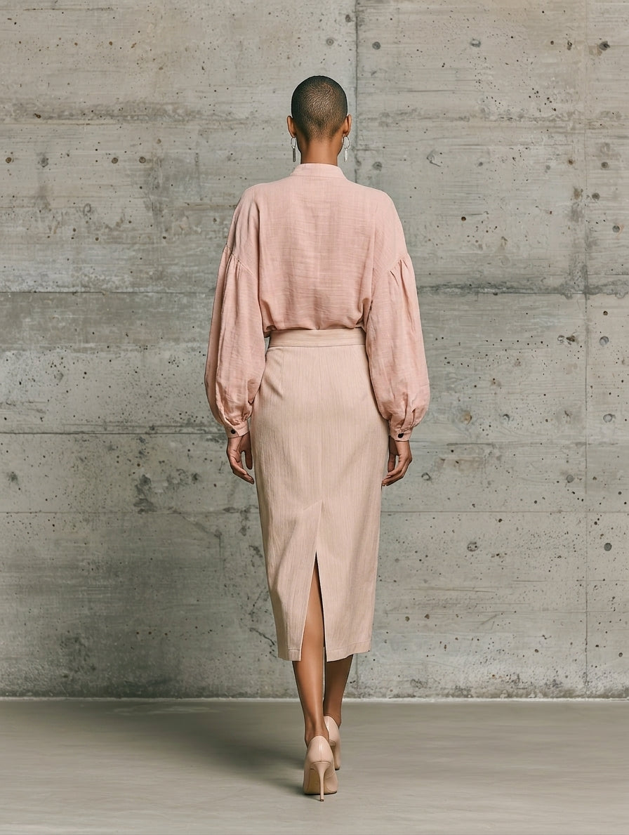 Women'S Elegant Dusty Pink Cotton-linen Blend Button Decor Blouse High Waist Split Midi Skirt Set MDZ2800G9YZJ