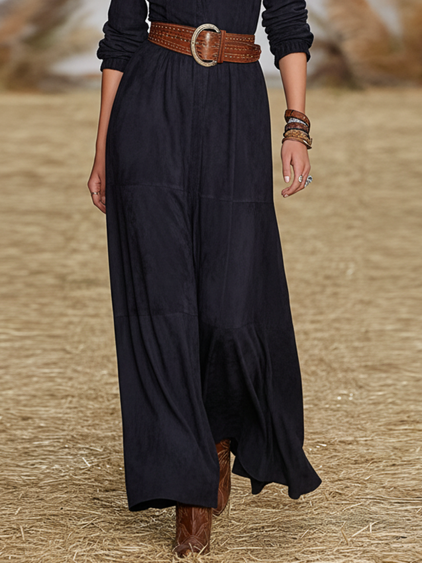 Women's Minimalist Faux Suede Ruffle V-neck Straight Maxi Dress (belt Not Included) MDA2962K8Y