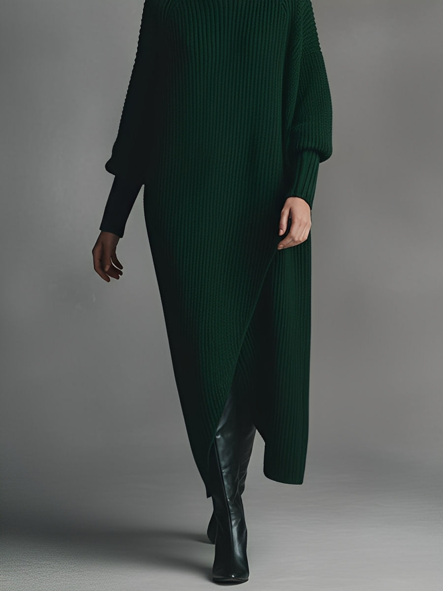 Women's Emerald Green Ribbed Knit Elegant Dress With Turtleneck & Oversized Silhouette, Luxe Casual Style Dress MDA0402K9I