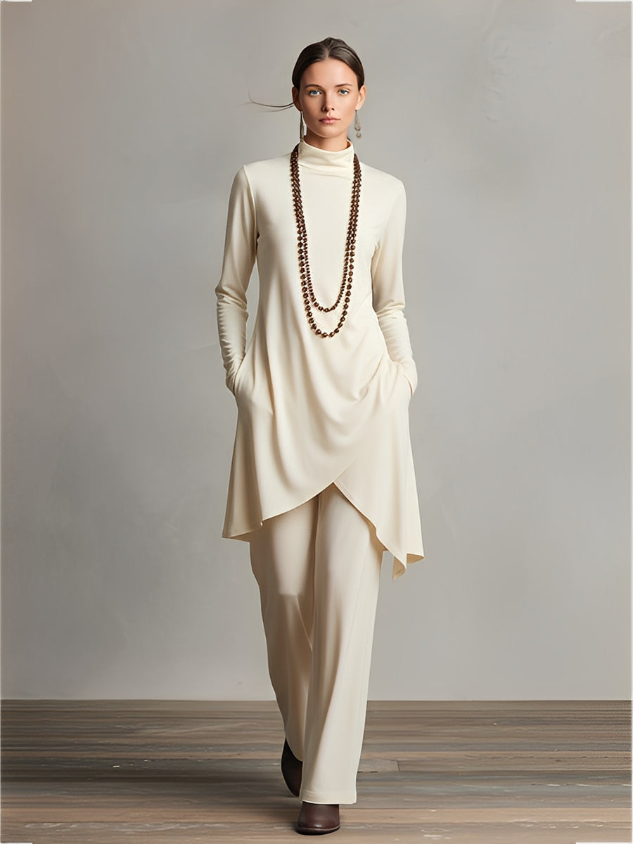 Women's Creamy Ivory Stretchy Woven Set With Turtleneck Top & Asymmetric Hem, Timeless Effortless Style Set MDA1723L0I