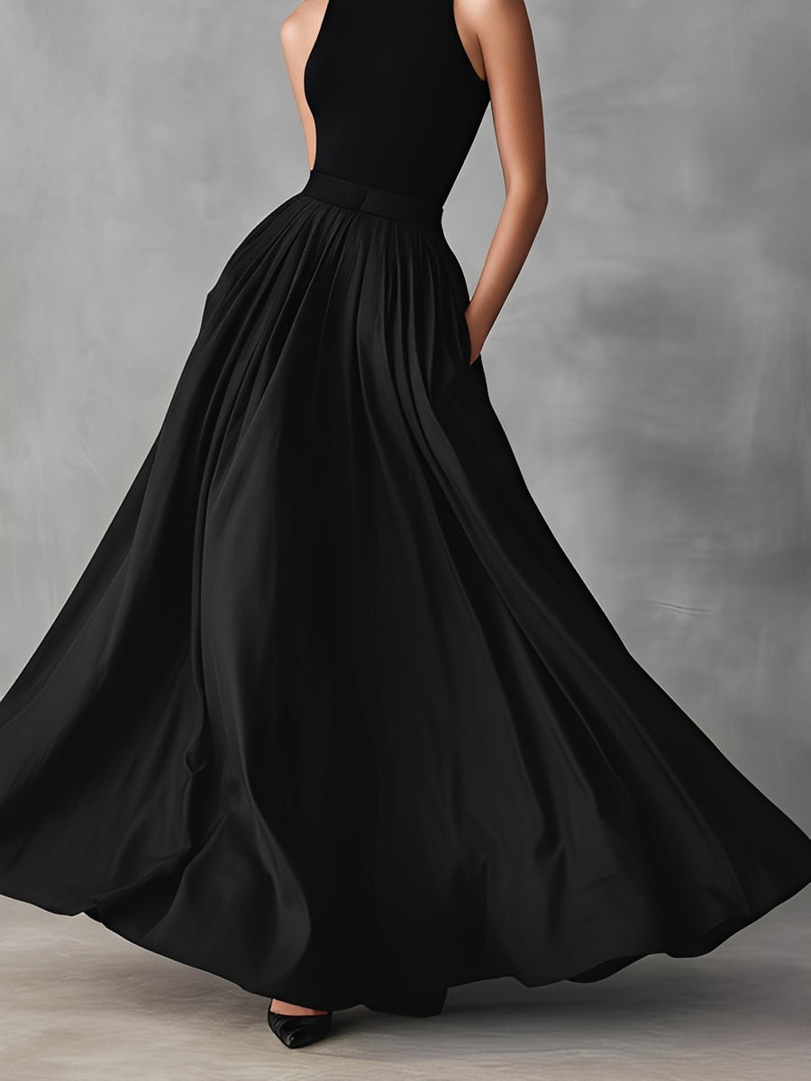 Women's Jet Black Structured Dress With Flowy Skirt, Modern Bold-Chic Style Dress MDZ1226A8I