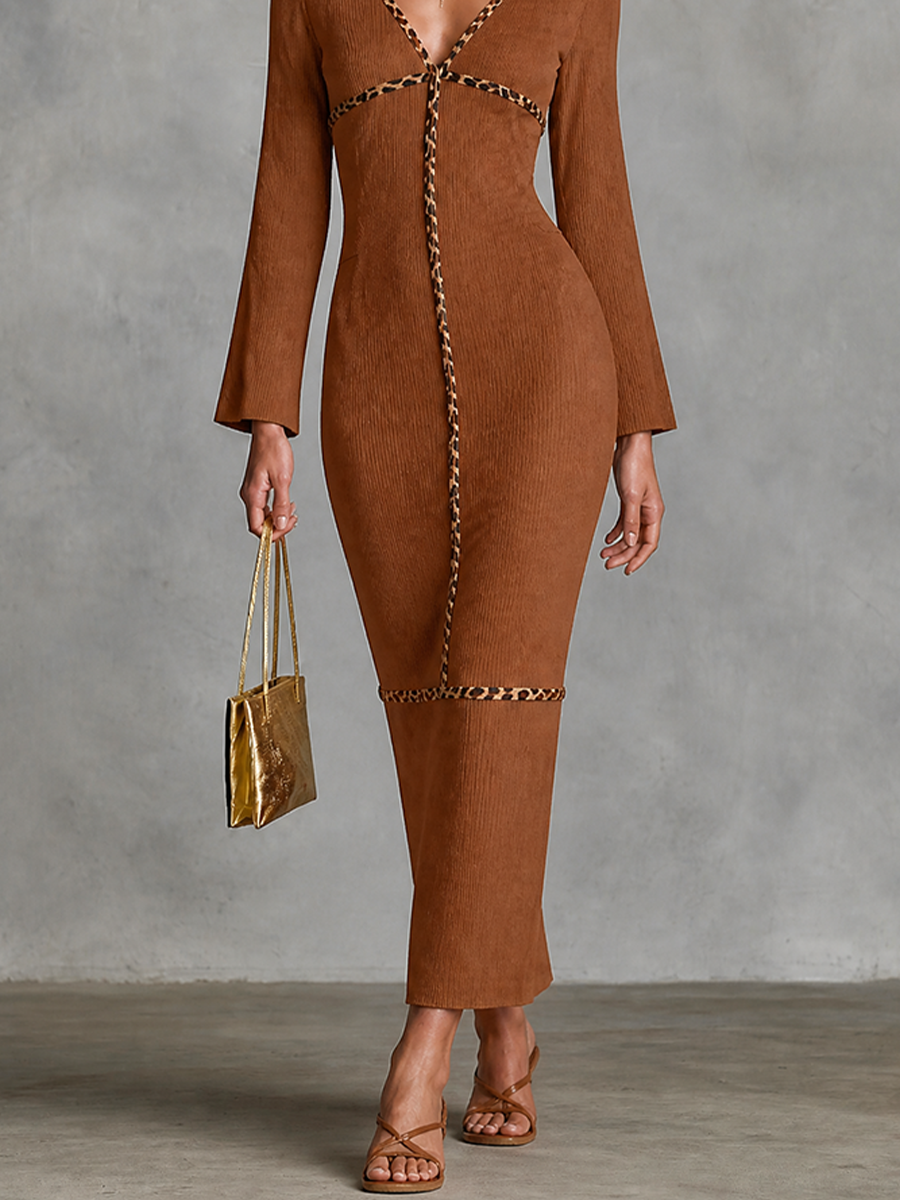 Women's Leopard Trim Ribbed Knit Bodycon Maxi Dress