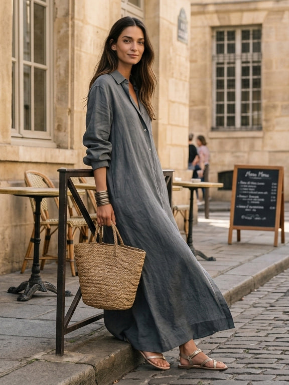 casual gray maxi dress Women's Grey Cotton-linen Long-sleeved MDZ2879G3LXY – Modesees Stylish and fashion design Size:20 UK | XL Style:216943 Aurelene – Women's V-Neck