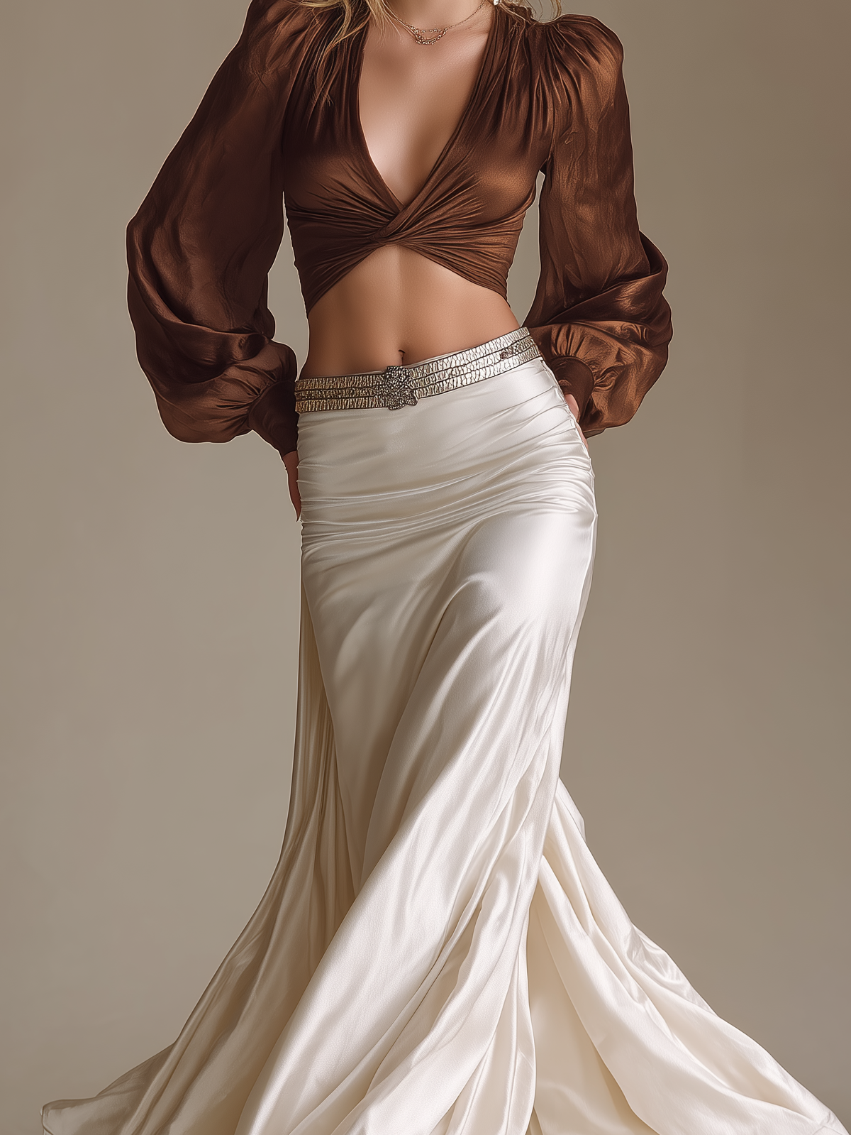 Women's Fashionable And Elegant Brown Long-sleeved V-neck Glossy Satin Cropped Top Paired With A White Satin Midi Skirt (belt Not Included) MDA2949K8AN