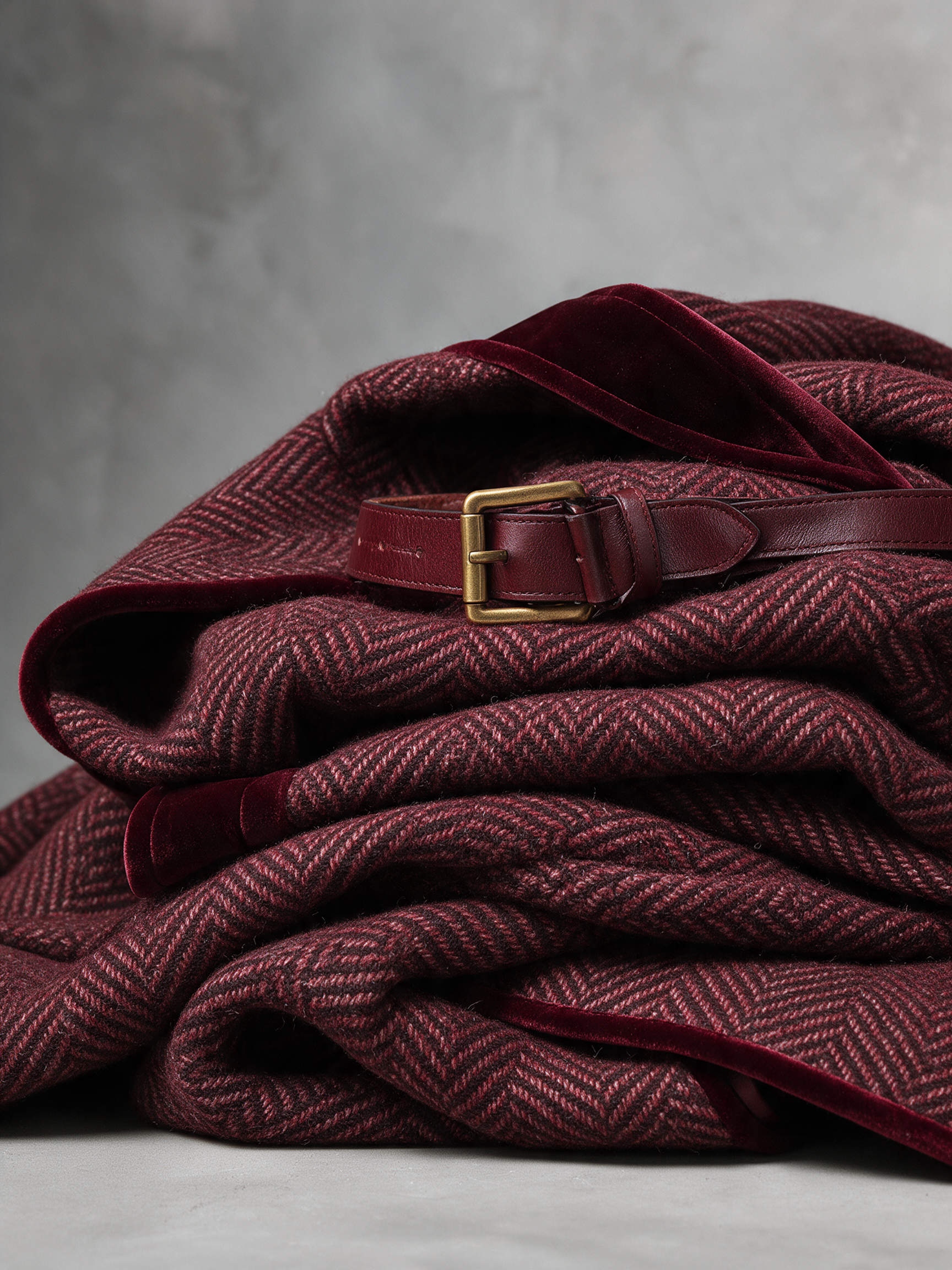 Women's Herringbone Cotton Blend Maxi Coat With Velvet Trim & Belt