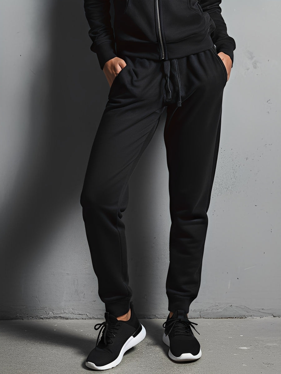 Women's Black Cotton-Blend Athleisure Set With Hooded Jacket & Cuffed Pants, Effortless Street Style Set MDA0342K5I