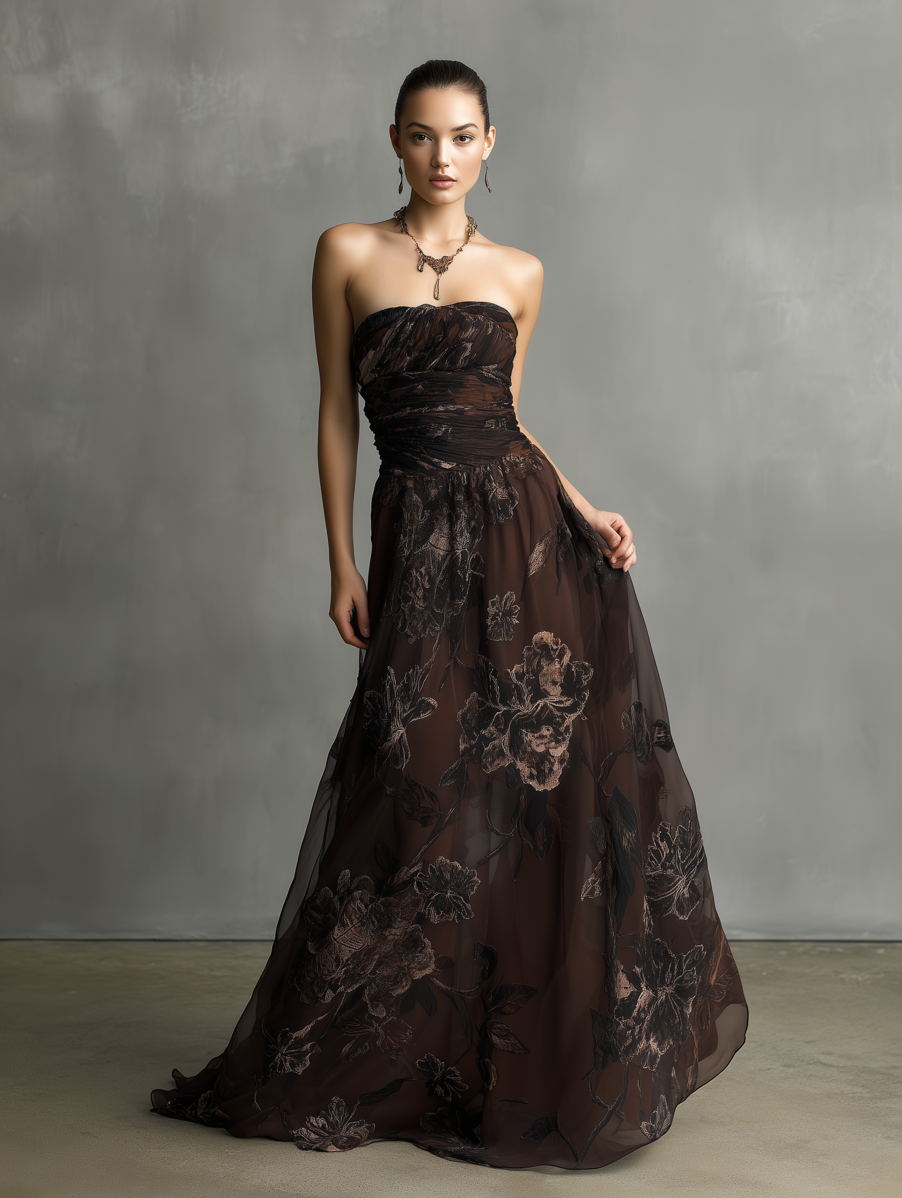 Women's Elegant Brown Printed Chiffon Strapless Sleeveless Long Dress MDZ1305B0AN