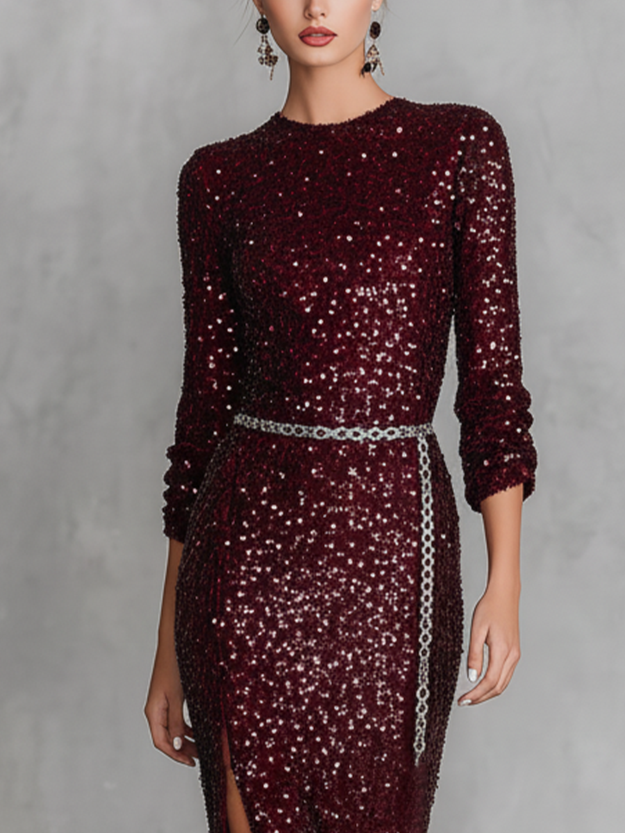 Women Wine Red Sequin Slim Fit Split Hem Midi Dress MDA1809L0T