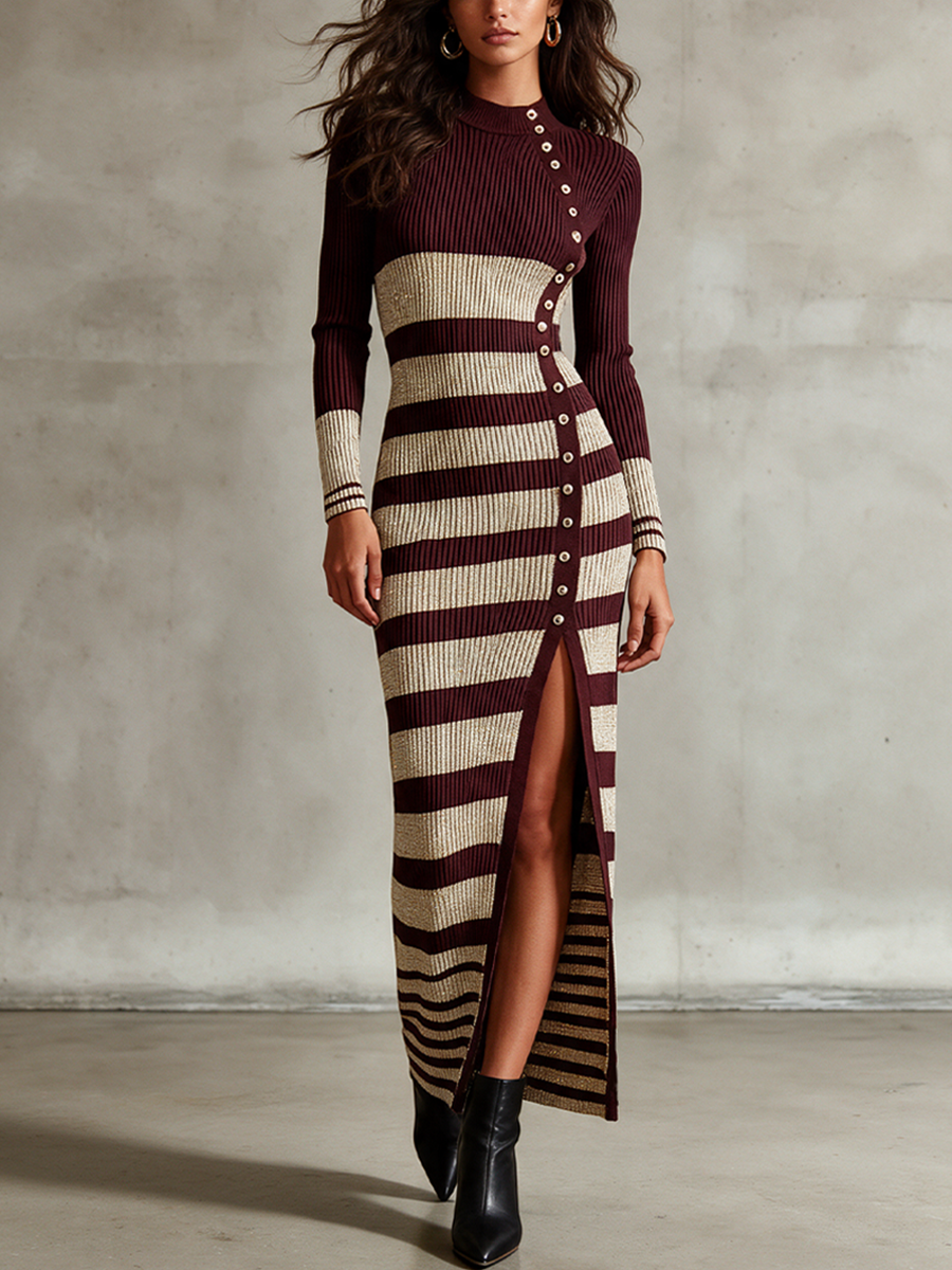Striped Ribbed Knit Midi Dress