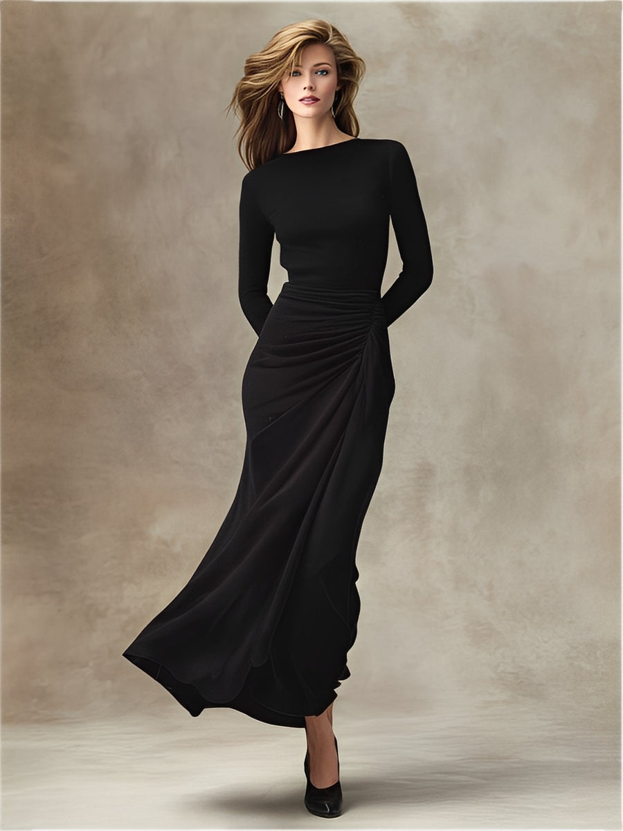 Women's Black Stretchy Knit Dress With Boat Neck & Ruched Skirt, Timeless Elegant Style Dress MDA1550L5I