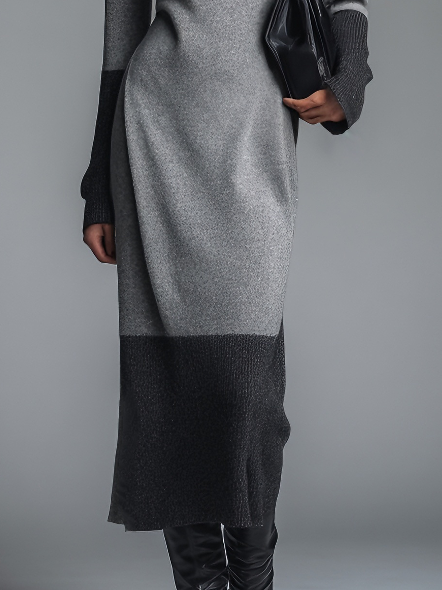 Women's Sleek Knit Gray & Charcoal Color-Block Turtleneck Slit Midi Dress MDA1935L3AU