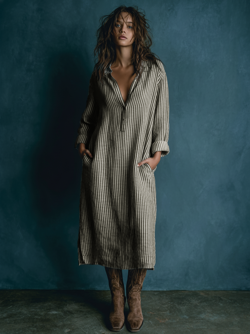 Women's Minimalist Striped Button-down Collared Midi Dress MDA2947K5Y