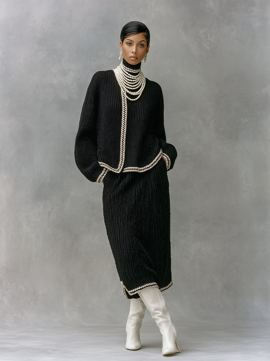 Women's Black Elegant Textured Knit Contrast - Trimmed Midi Sweater Set MDA1000J3I