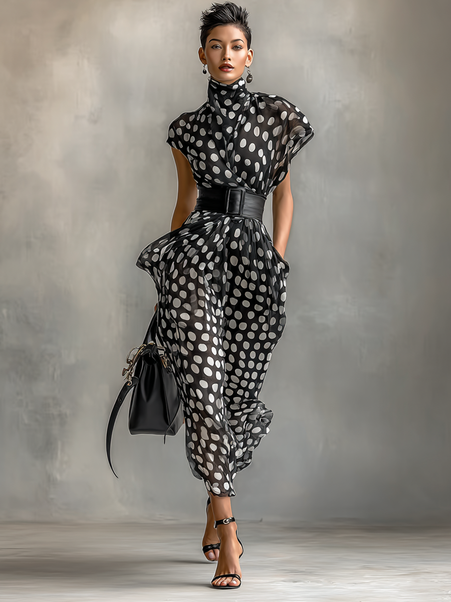 Women's Chiffon Polka Dot Print High Collar Cap Sleeve Belt Maxi Dress MDA1106G4Y