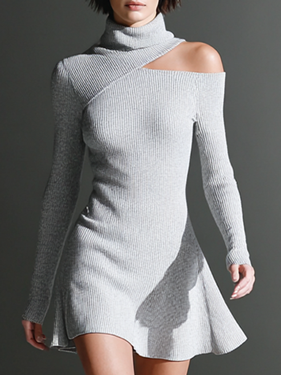 Women's Gray Ribbed Knit High-Neck Cutout Mini Dress MDA1758L6AP