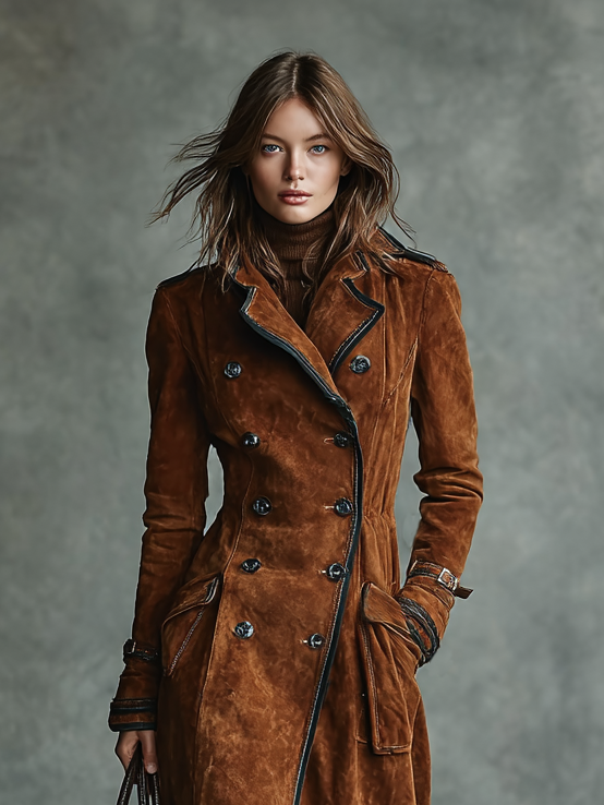 Women's Suede Black Trim Double-breasted Lapel Long Coat MDA2580H6Y