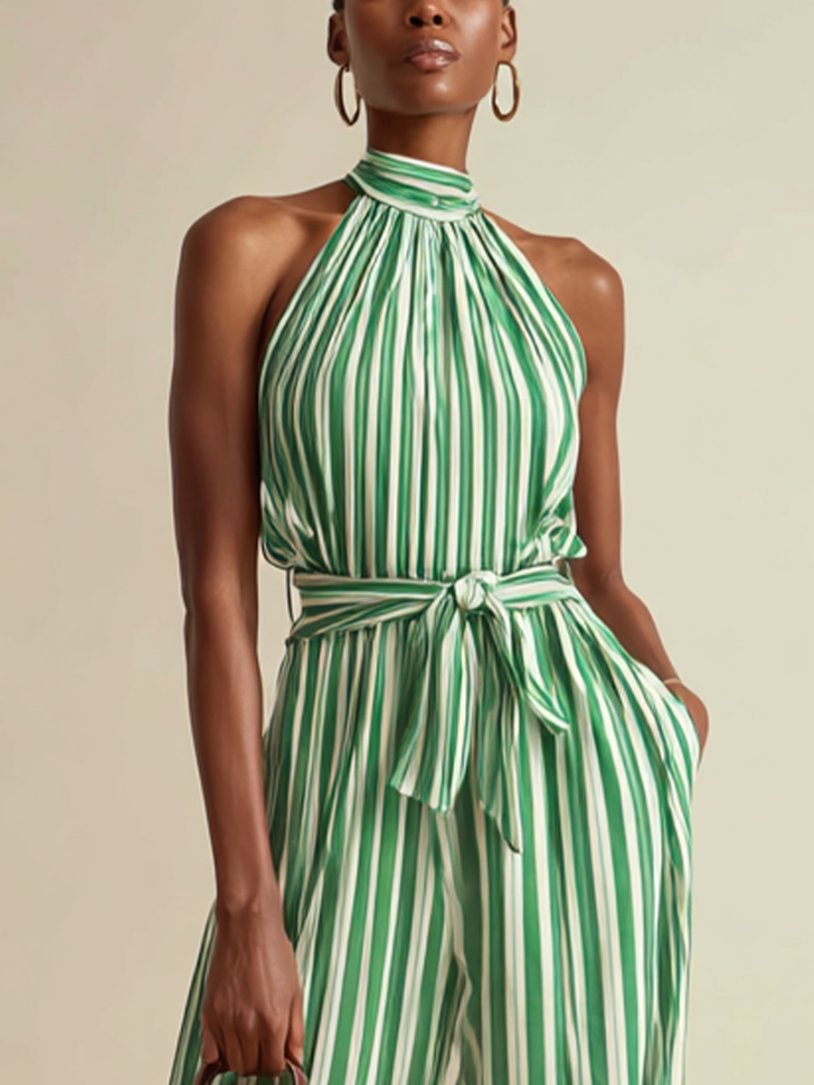 Women's Vacation-style Green And White Striped Halter Neck Wide-leg Jumpsuit MDZ1278B3BA