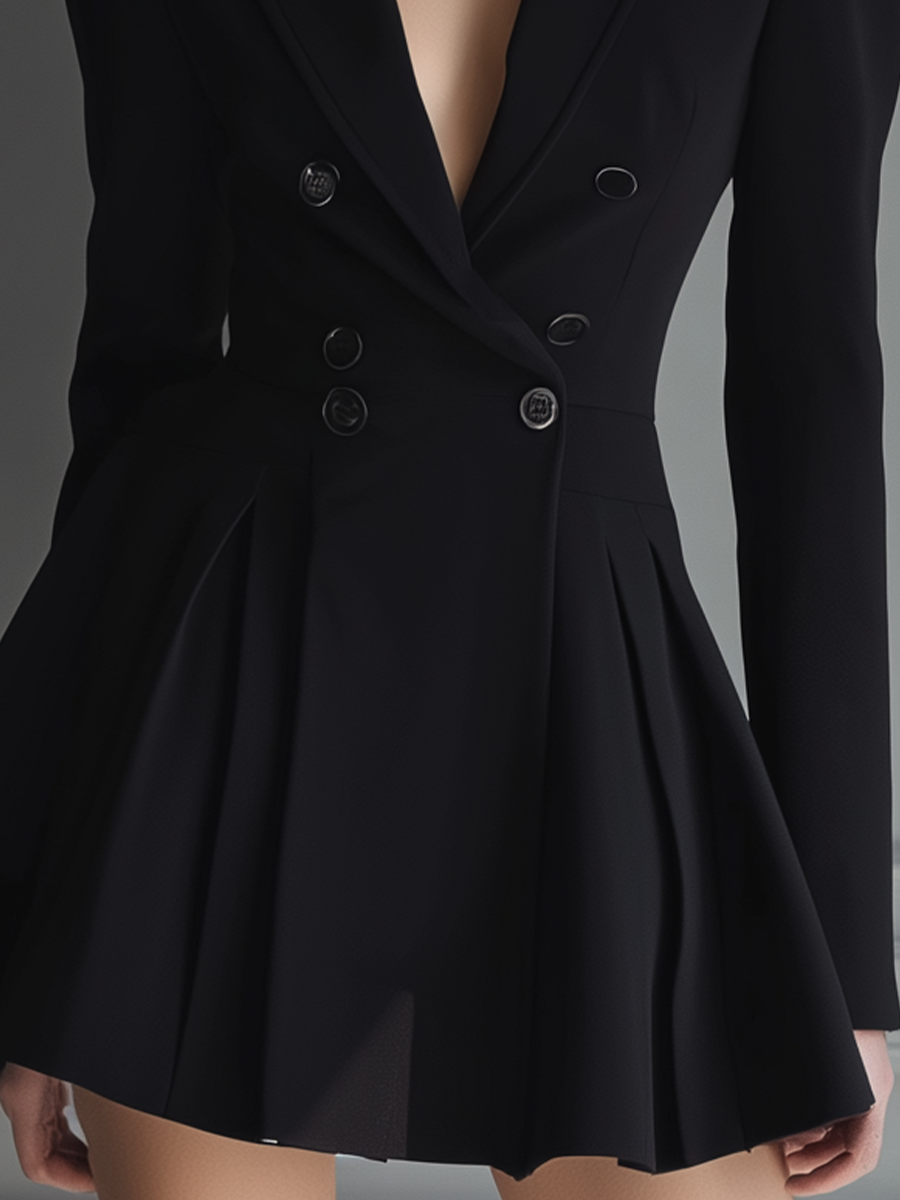 Women's Black Suit Fabric Double-Breasted Pleated Mini Dress MDA0128K6T