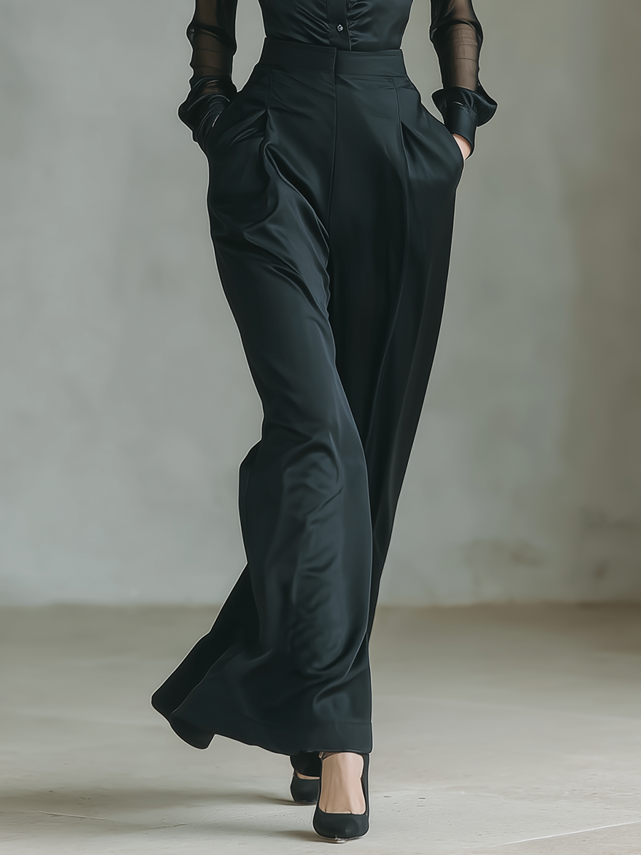 Women's Black Satin Sheer-sleeved Collared Shirt And High-waisted Flared Trousers Set MDA1955L8T