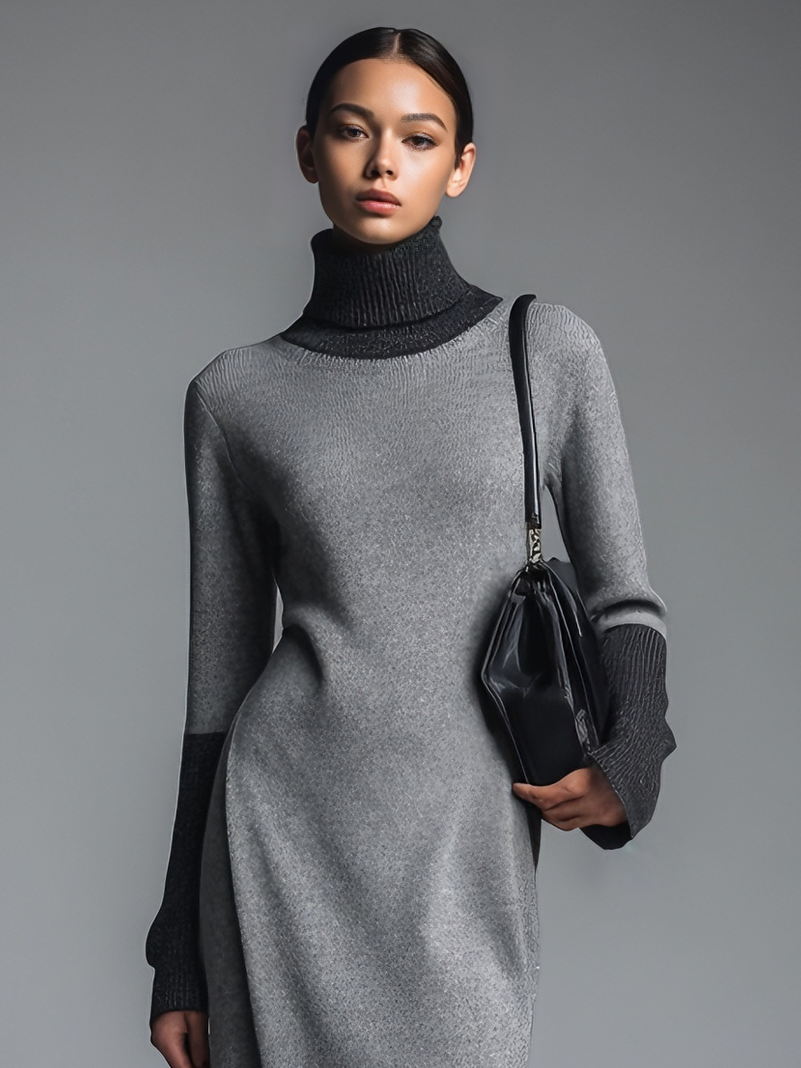 Women's Sleek Knit Gray & Charcoal Color-Block Turtleneck Slit Midi Dress MDA1935L3AU